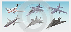 Military aircraft set. Fighter jet, F-117 Nighthawk, interceptor, cargo airplane,bomber vector illustrations set photo