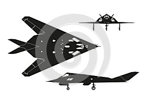 Military aircraft. Silhouette of war plane. Top, side and front photo