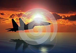 Military aircraft on sunset background
