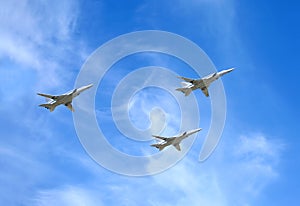 Military aircrafts TU-22M3. Supersonic bombers in flight photo