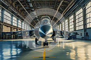 Military airplane on maintenance of engine and fuselage check repair in hangar