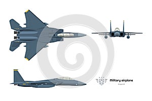 Military airplane. Top, side, front view of aircraft. 3d isolated warcraft. USA army plane. Jet fighter blueprint