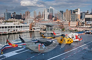 Military airplanes and helicopters displayed on the USS Intrepid Museum desk. New York City