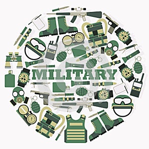 Military ammunition in round frame composition, vector illustration. Army equipment, isolated items and icons in flat