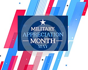 Military Appreciation Month Background with Patriotic Colorful shapes, stars and text in the box photo