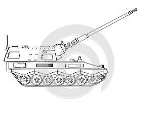 Military armored vehicle doodle. Self-propelled howitzer. Raised barrel