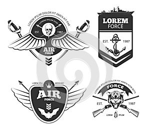 Military, armored vehicles, airforce, navy vintage vector labels, logos, emblems set photo