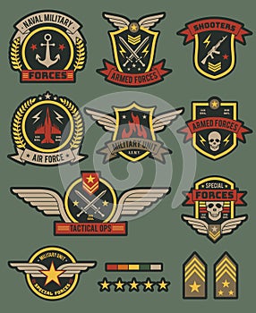 Military army badges. Patches, soldier chevrons with ribbon and star. Vintage airborne labels, t-shirt graphics