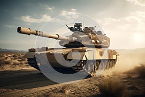 Military or army heavy tank ready to attack moving over a deserted battle field terrain, tanks scene, in the sunlight, generated