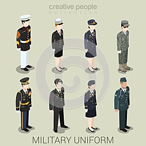Military army people in uniform flat style isometric icon set