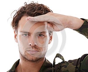 Military, army and salute with portrait of man in studio for war, conflict and patriotism. Warrior, surveillance and