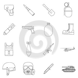 Military and army set icons in outline style. Big collection of military and army