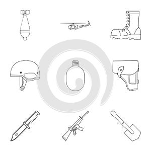 Military and army set icons in outline style. Big collection of military and army illustration