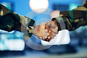 Military, army or shaking hands for partnership, teamwork or deal in war, agreement or unity together. People, soldiers