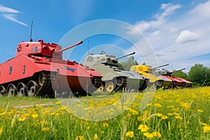 Military or army tank ready to attack and moving over a deserted battle field terrain. Neural network AI generated