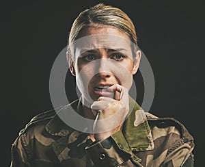 Military, army and woman with ptsd, stress and face show anxiety, mental health or fear with black background. War