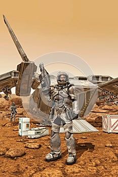 Military astronaut on mars outpost photo