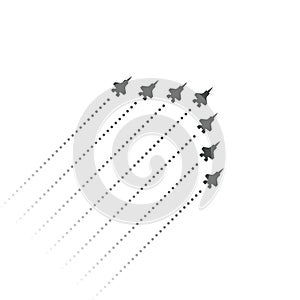 Military Aviation. Fighters fly up. wedge shape of flying jet planes. Silhouettes of reactive planes and trace of jet