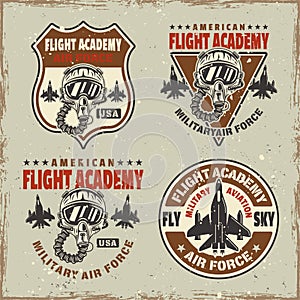 Military aviation set of vector emblems, badges, labels, logos in vintage style with grunge textures and scratches