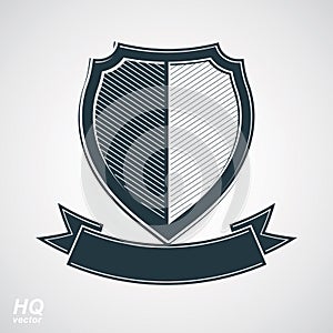 Military award icon. Vector grayscale defense shield with curvy