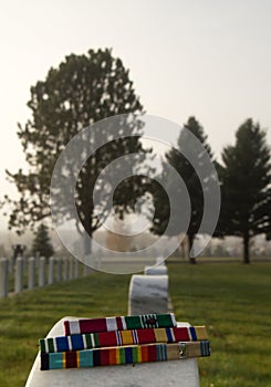 Military Award Ribbons on Veteran's Tombstone