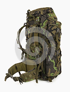 Military backpack isolated on white.