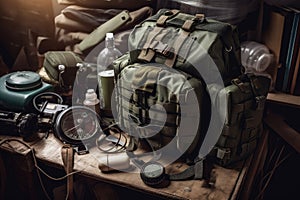 military backpack, surrounded by various medical supplies and equipment