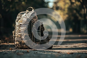 Military Backpack and Uniform on Ground