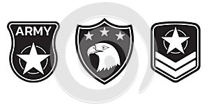 Military badge, army patch and insignia set. Airforce emblem with eagle and stars. Vector illustration.