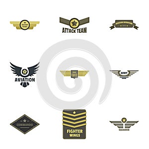 Military badge icons set, flat style