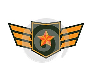 Military badge with wings and star on green and orange. Army patch emblem, aviation insignia vector illustration