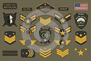 Military badges and army patches typography. Military embroidery chevron and pin design for t-shirt graphic