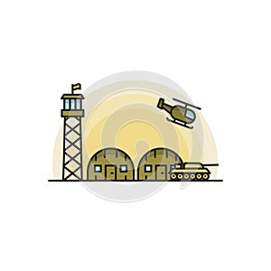 Military Base with Army and Air Force Vehicles. Vector illustration on white background