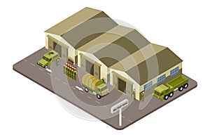 Military base with soldiers and military cars isometric vector concept