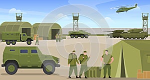Military base war transportation and soldiers vector flat illustration warriors in green uniform photo