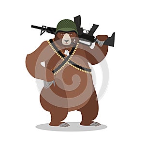 Military Bear with rifle. Grizzlies with gun. Wild beast and mac