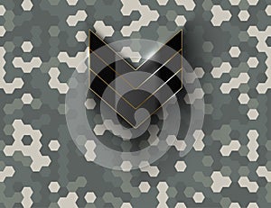 Military black glossy sergeant rank sign on hex pixel camouflage background. Modern army camouflage hexagon pixel texture.