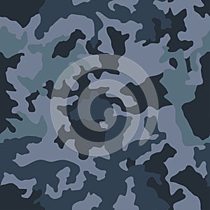 Military blue camouflage, war repeats texture, seamless vector background. Camo pattern for army clothing. Vector