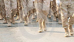 Military boots close up. Soldiers platoon marching. Officers walk. Legs closeup.