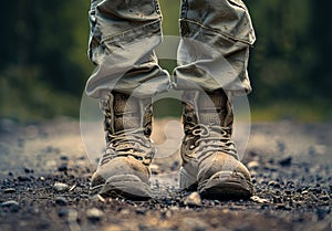 Military boots on the ground. A soldier& x27;s boots with kid& x27;s feet