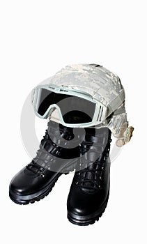 Military boots and helmet