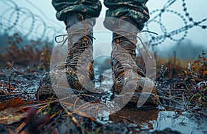Military boots. Low section of soldier standing in the rain