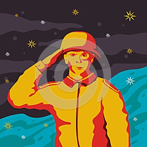 A military boy makes a military salute. Pop art in the Soviet style. The poster.