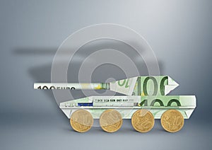 Military budget concept, banknotes as armored tank