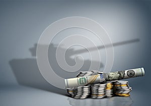 Military budget concept, money with weapon shadow photo