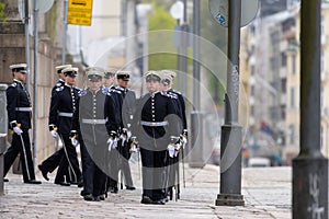 Military cadets parading before funeral service of the late Finnish President Mauno Koivisto at the Helsinki Cathedral.