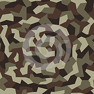 Military camo seamless pattern. Geometric camouflage backdrop in dark brown color. Stock vector background.