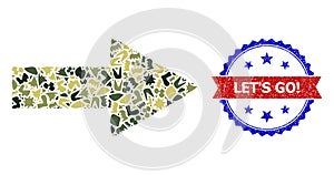 Military Camouflage Arrow Direction Icon Mosaic and Scratched Bicolor Let'S Go! Watermark