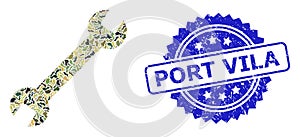 Scratched Port Vila Seal and Military Camouflage Composition of Wrench photo