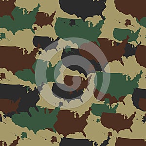 Military camouflage pattern. Seamless repeat camo in different colors. Vector military print with USA map. Army woodland